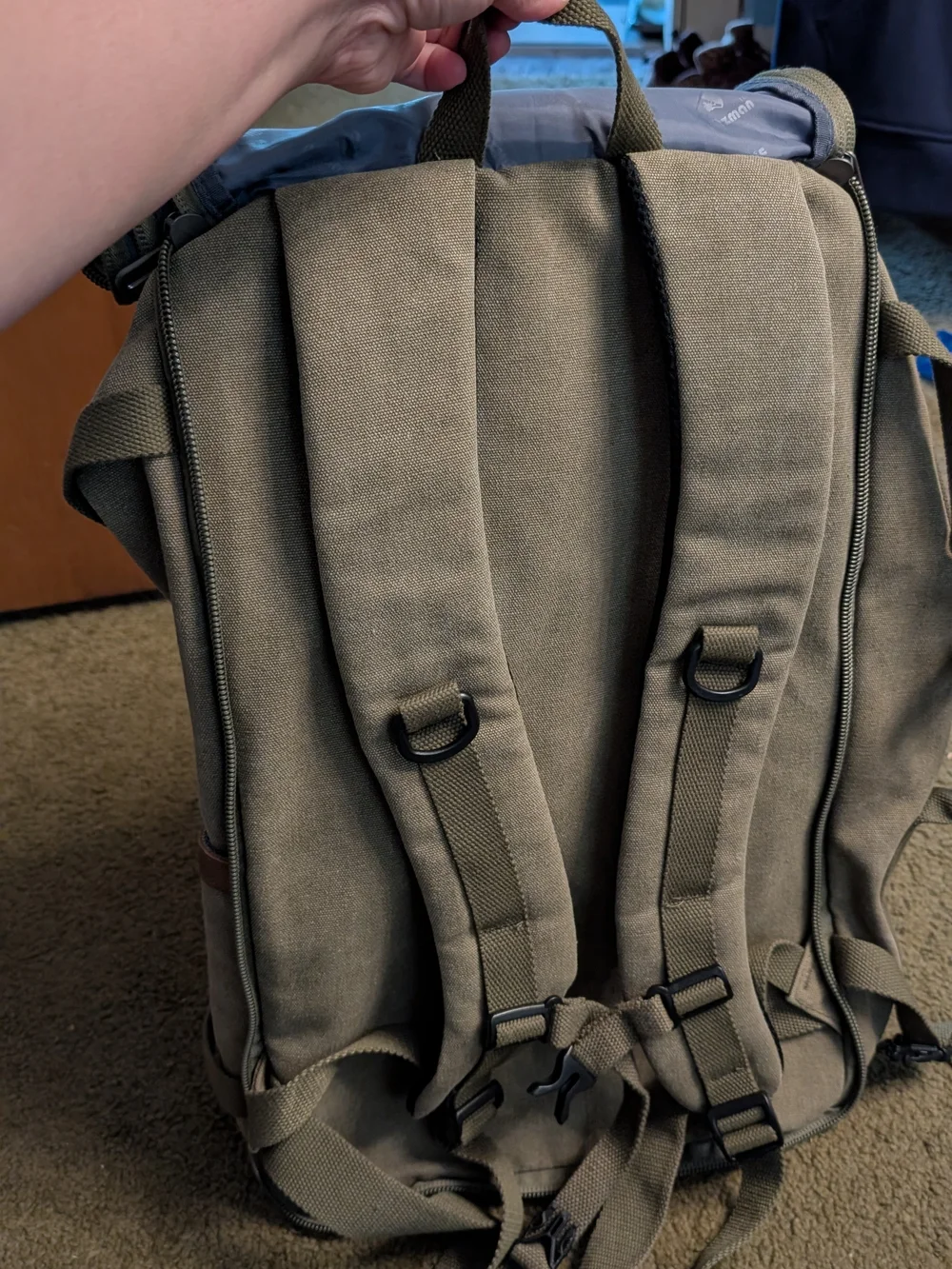 Canvas Travel Backpack in Khaki with Leather Accents - Picture 12 of 13
